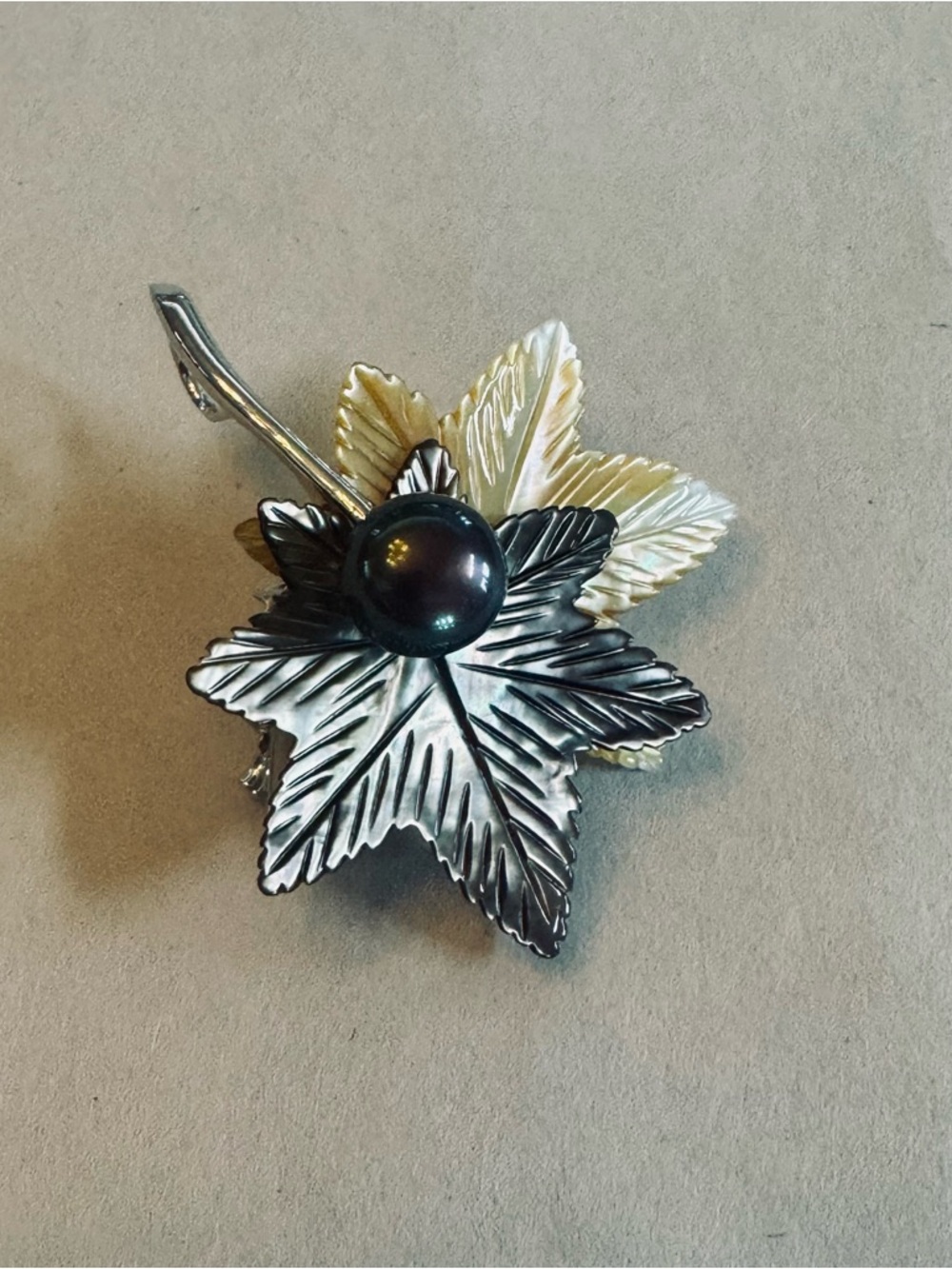 Sterling Tahitian Pearl brooch/pendant combo Grey & Tan Carved Shell Leaf Motif
